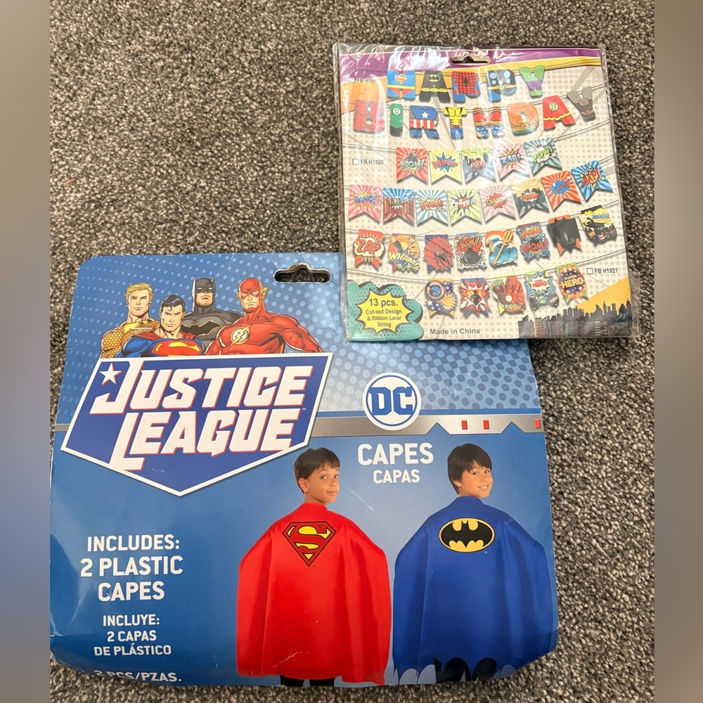 Kids Costume Capes - Red Superman & Blue Batman Super Hero Birthday Banner